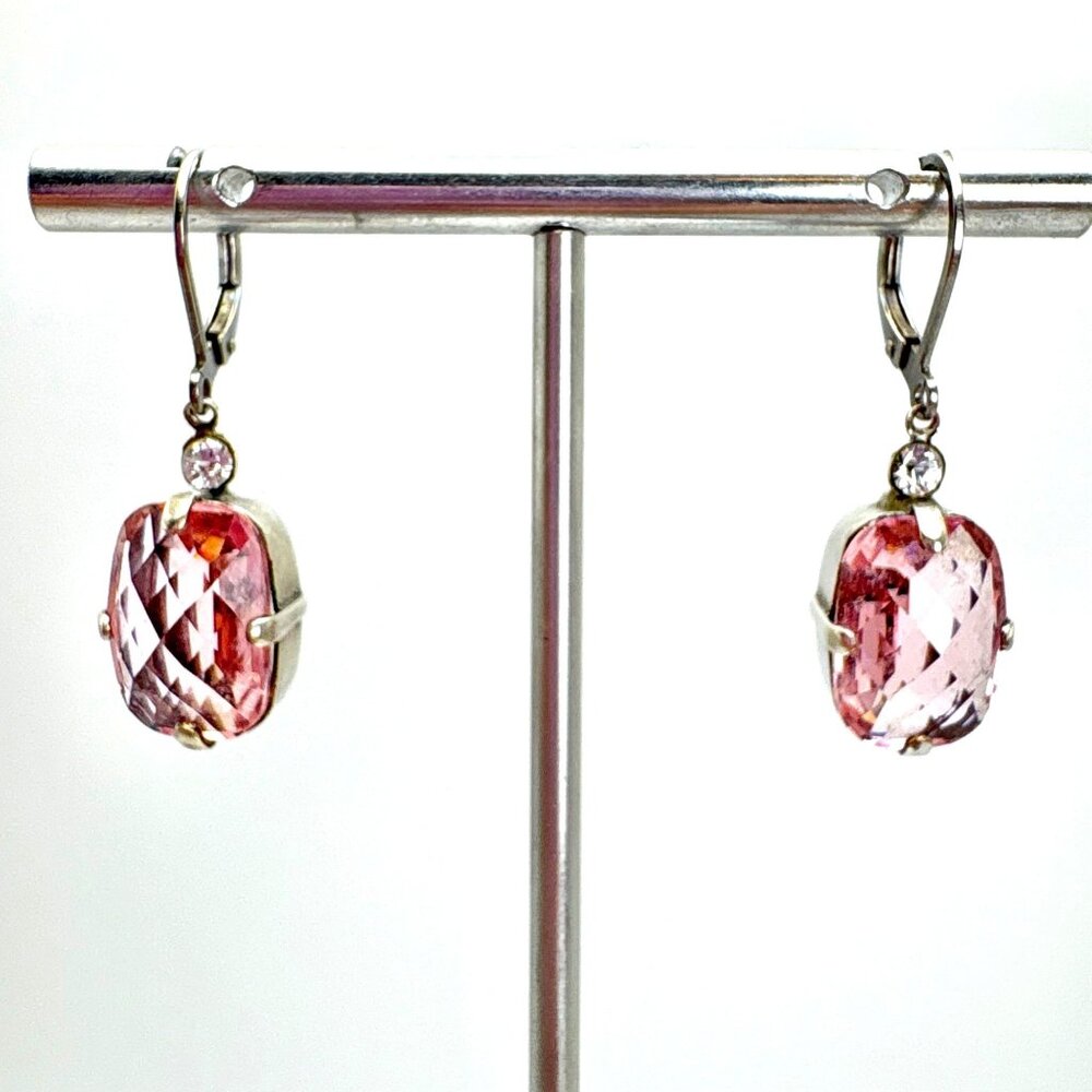 Silver Tone Pink Crystal Prong Set Dangle Earrings Size 1" Length